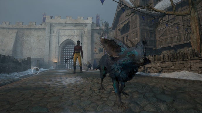 Enki, the fox-like god, looks into a medieval style town while Nor stands behind him.