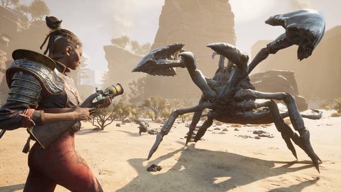 Nor aims a shotgun at a massive crab enemy in Flintlock: The Siege Of Dawn.