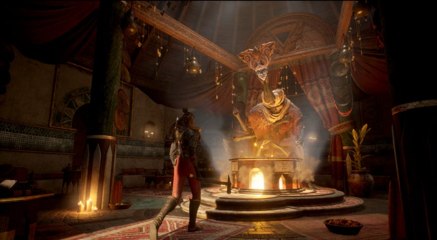 A screenshot from the Flintlock trailer showing the protagonist coming face to… face? with a tall-necked, six-armed, robed and wrinkled… thing. In a coffee shop?