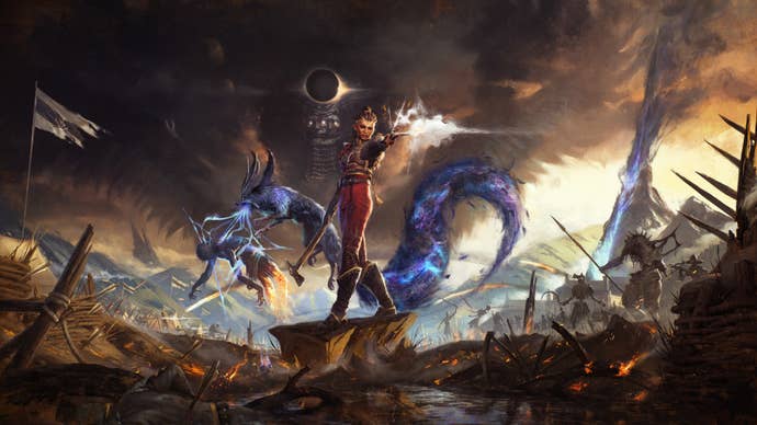 Flintlock: The Siege Of Dawn’s key art, which shows Nor and Enki fighting on a ravaged battlefield.