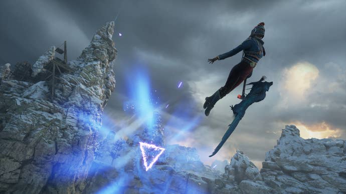 Flintlock official screen showing Nor and Enki soaring through the air via glowing purple triangle