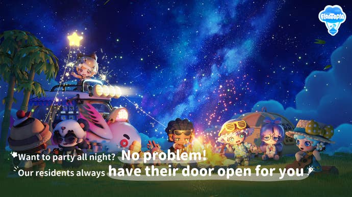 Five characters sit around a campfire in Floatopia.