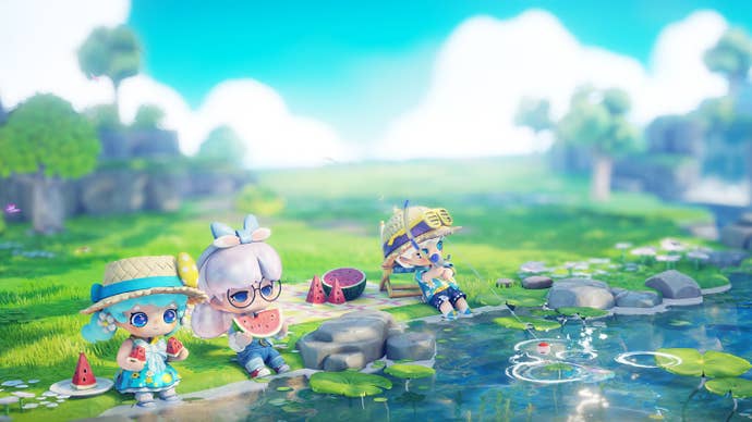 Three characters sit fishing and eating a picnic by a river in Floatopia.