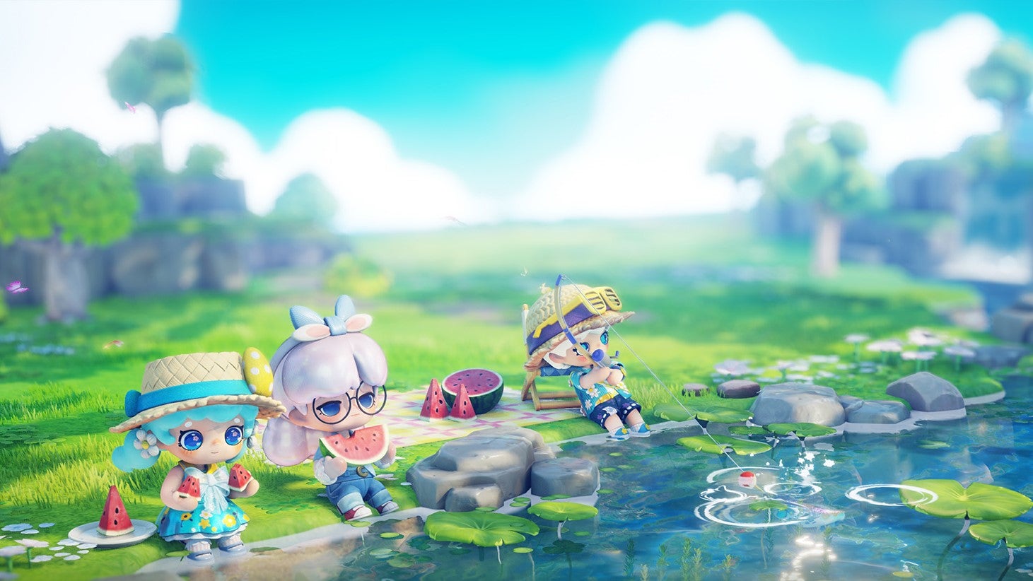 Three characters sit fishing and eating a picnic by a river in Floatopia. - 1