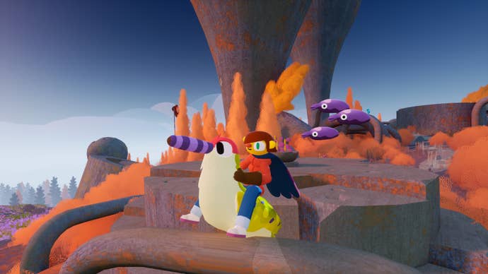 A lad sits on their giant bird in Flock