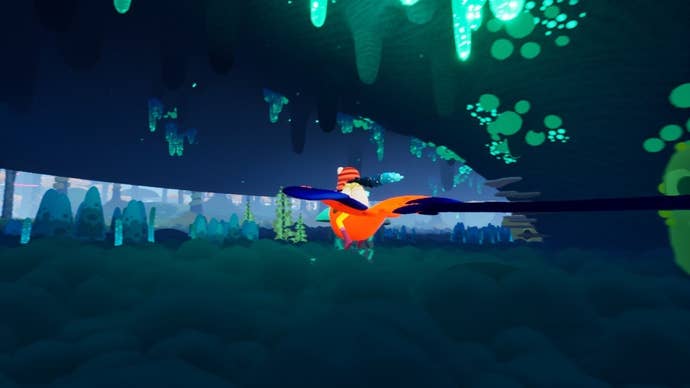 Flying through a dark, crystalline cave in Flock.