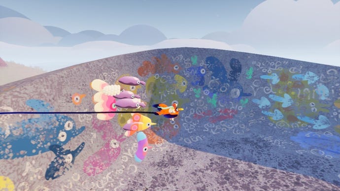 Guiding some weird birds past some colourful bird graffiti in Flock.
