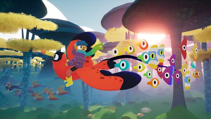 Screenshot of Flock showing player flying on giant red bird followed by coloured flying fish