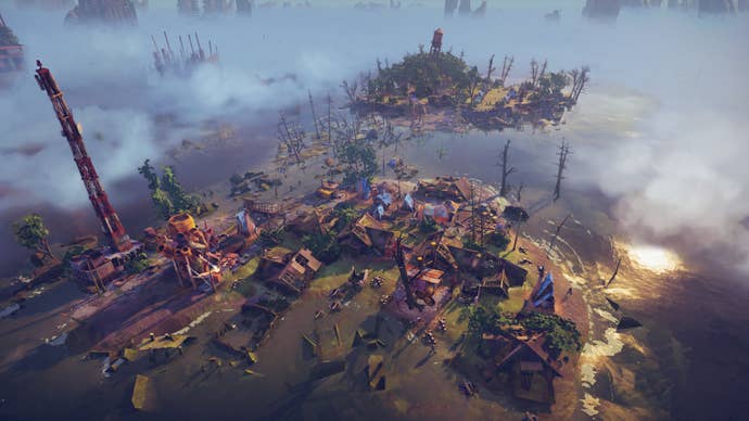 Floodland - a sludgy outrcrop of land with makeshift tents and structures on it by some murky water