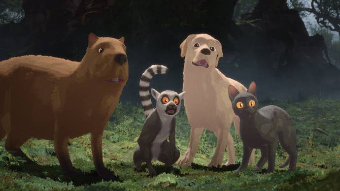 A capybara, a ring-tailed lemur, a golden retriever and a small black cat in Flow.