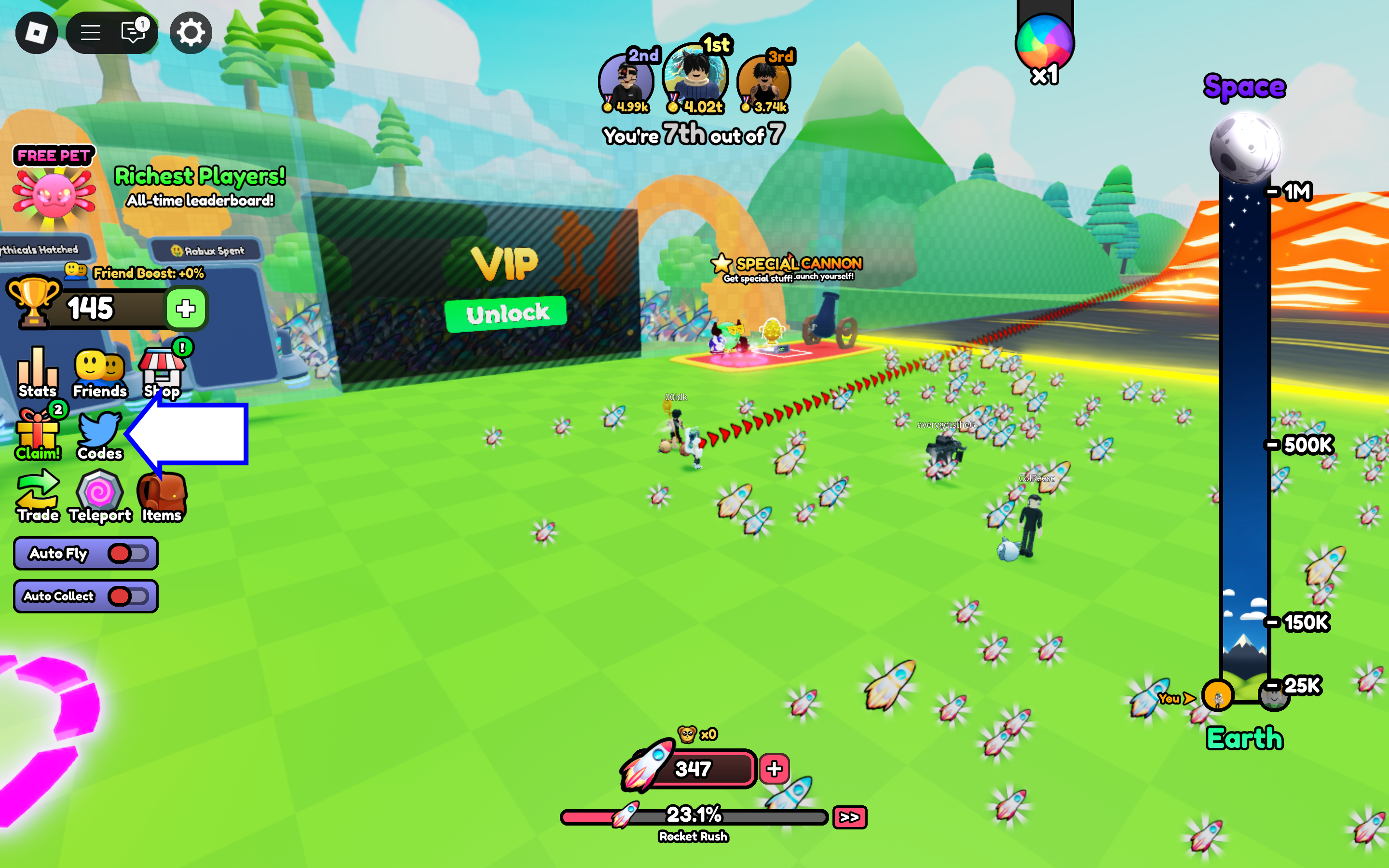 A screenshot of Fly to Space in Roblox showing the game's codes button.