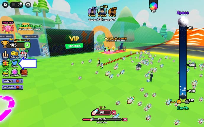 A screenshot of Fly to Space in Roblox showing the game's codes button.