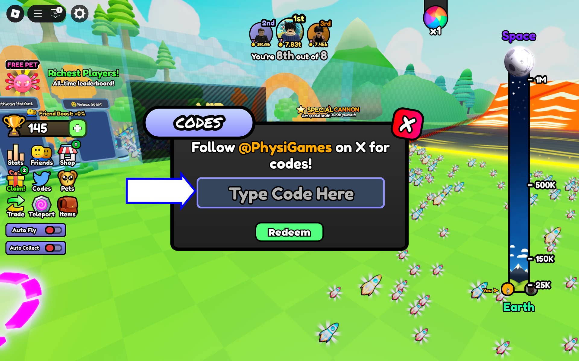 Uma captura de tela do Fly to Space no Roblox mostrando a tela Códigos do jogo.
