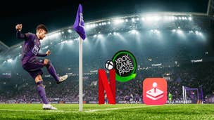 A football playing in Football Manager 24 taking a corner kick with the Xbox Game Pass, Netflix and Apple Arcade logos