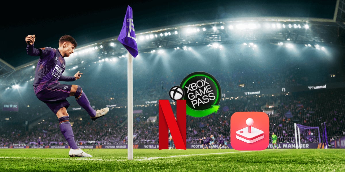 A football playing in Football Manager 24 taking a corner kick with the Xbox Game Pass, Netflix and Apple Arcade logos - 1