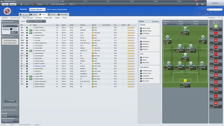 The football manager 2012 tactics screen, with Reading’s team lined up and ready to go.
