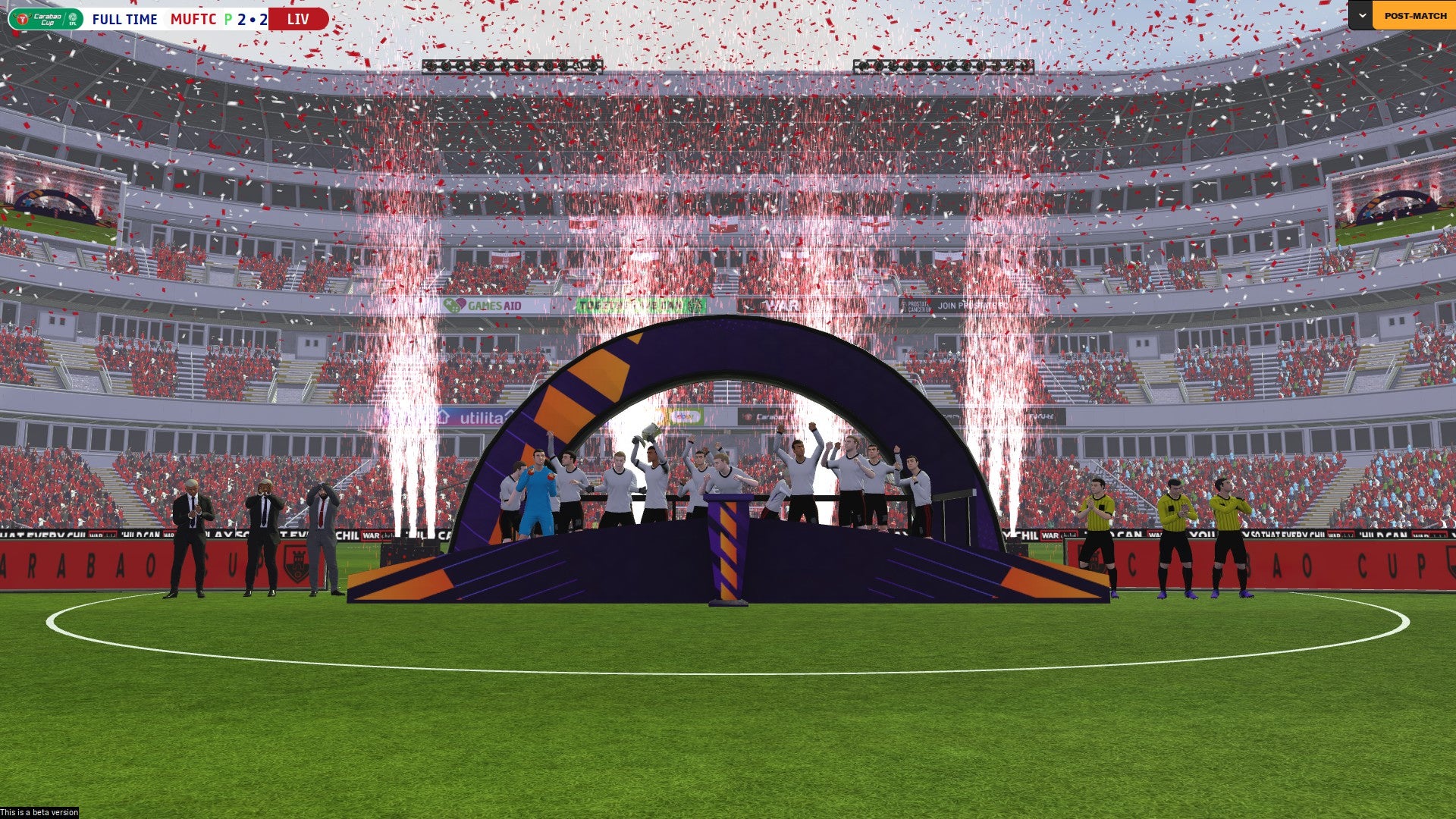 FM24 screenshot of my Manchester United side&rsquo;s trophy ceremony in the FA Cup