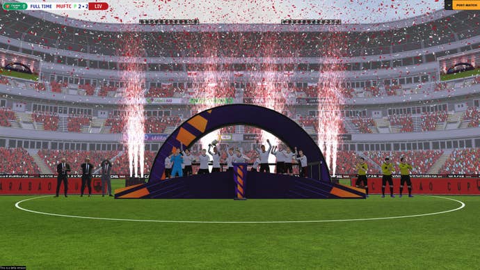 FM24 screenshot of my Manchester United side’s trophy ceremony in the FA Cup