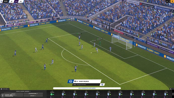 Official FM24 screenshot of the in-match engine showing a team scoring a goal in front of a blue-and-white coloured crowd.