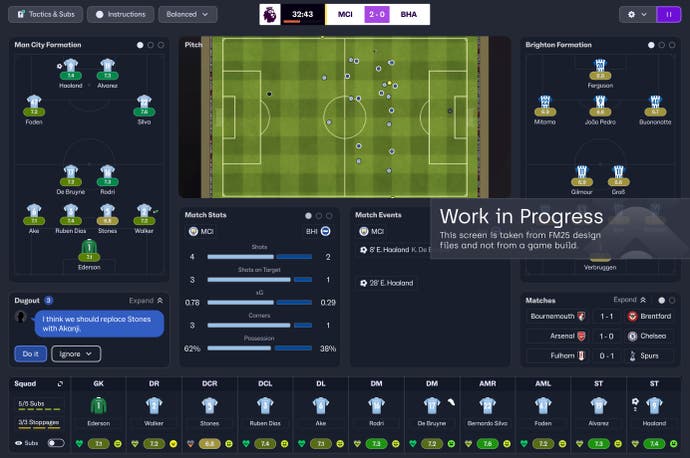 Official work in progress FM25 image showing the new between-highlights screen during a match