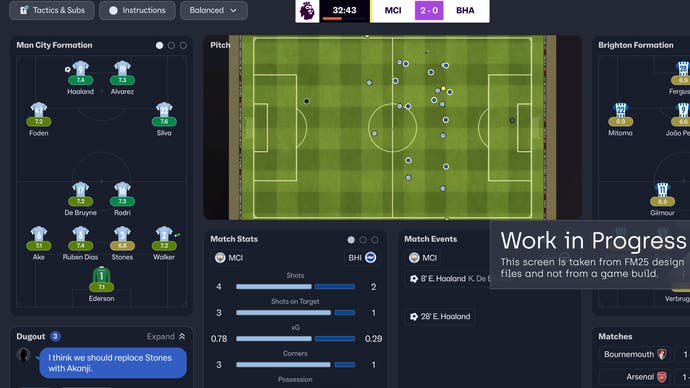 Official work in progress FM25 image showing the new between-highlights screen during a match - cropped to show more of the pitch and formation