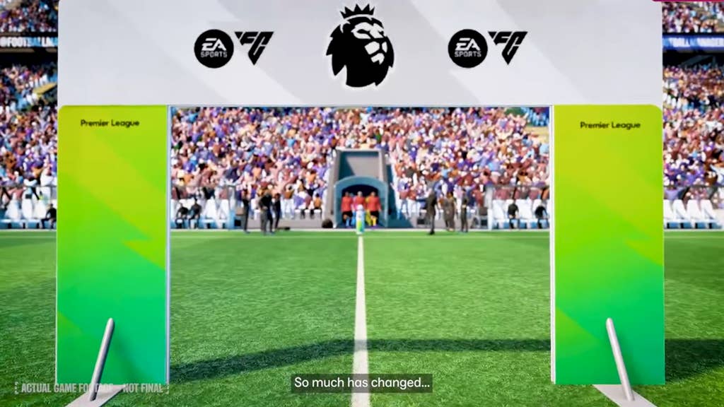 FM26 teaser video screenshot showing a premier league-branded archway on the pitch in the new match engine