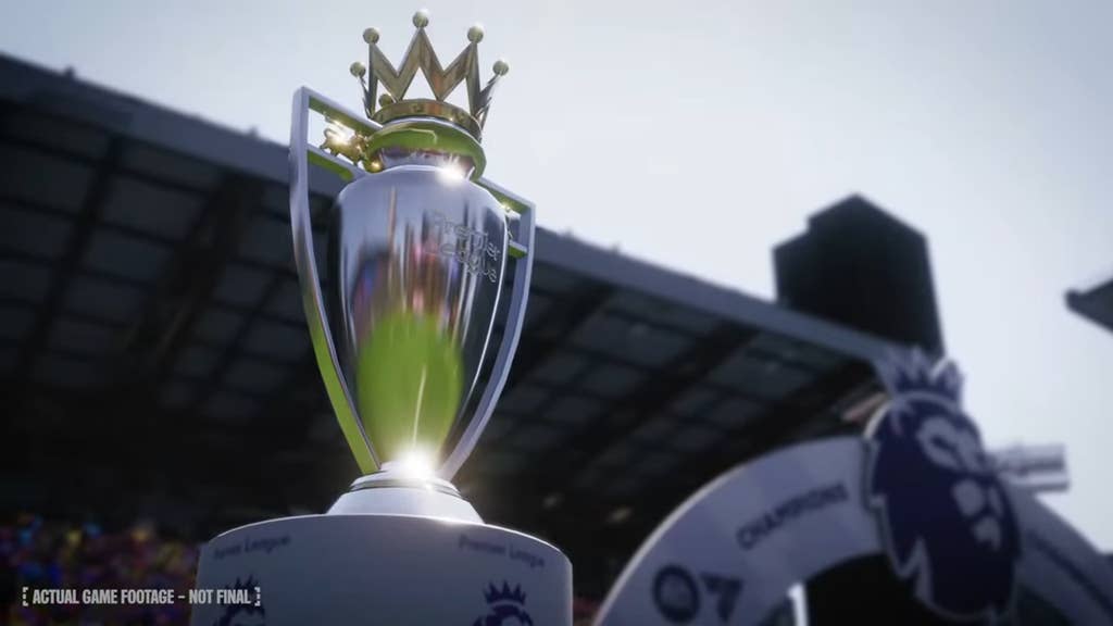 FM26 teaser video screenshot showing the Premier League trophy in the new match engine