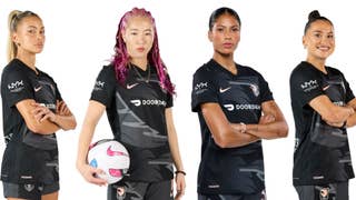 Row of four female football players in black kits for Football Manager 26