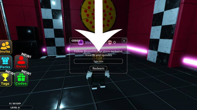 Arrow pointing at the codes menu in FNAF Pizza Party.
