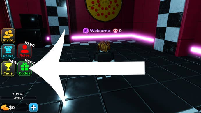 Arrow pointing at the button players need to press to access the codes menu in FNAF Pizza Party.