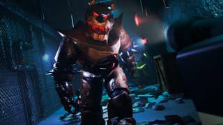 A scary looking bear-shaped animatronic in the Roblox game FNAF Pizza Party.