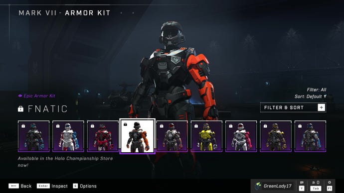 Halo Infinite’s Mark VII Armor Core, sporting the Fnatic Armor Kit customisation.