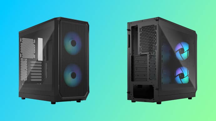 Fractal Design Focus 2 RGB pc case, shown front/left and back/right, on a coloured background
