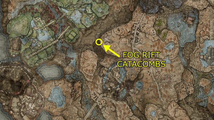 A map showing the location of the Fog Rift Catacombs in Elden Ring: Shadow of the Erdtree.