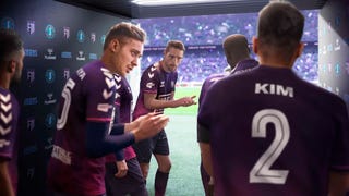 Key art for Football Manager 2022 showing a group of male haircut models in a tunnel about to emerge onto a pretend football pitch. The models are applauding themselves.