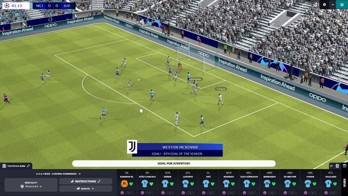 A football match in progress in Football Manager 2024.