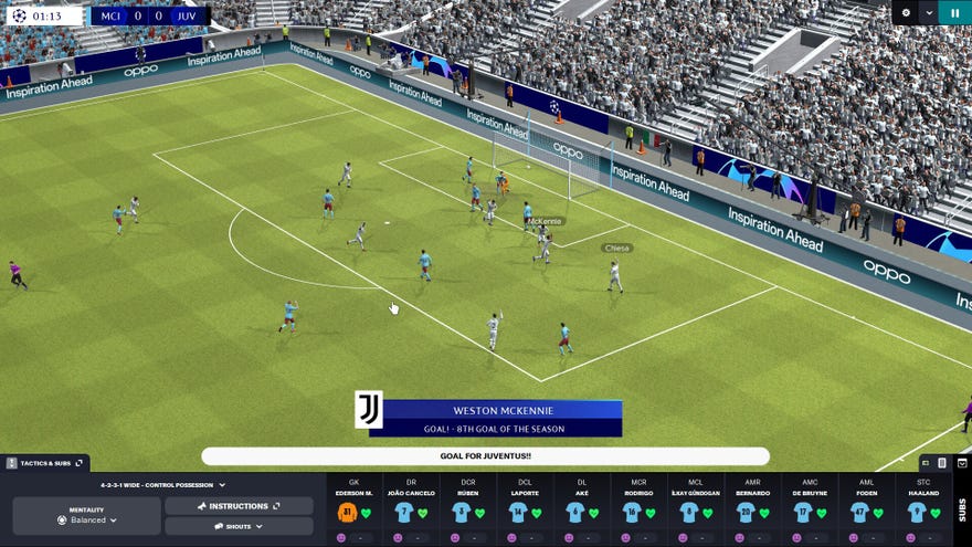 A football match in progress in Football Manager 2024.
