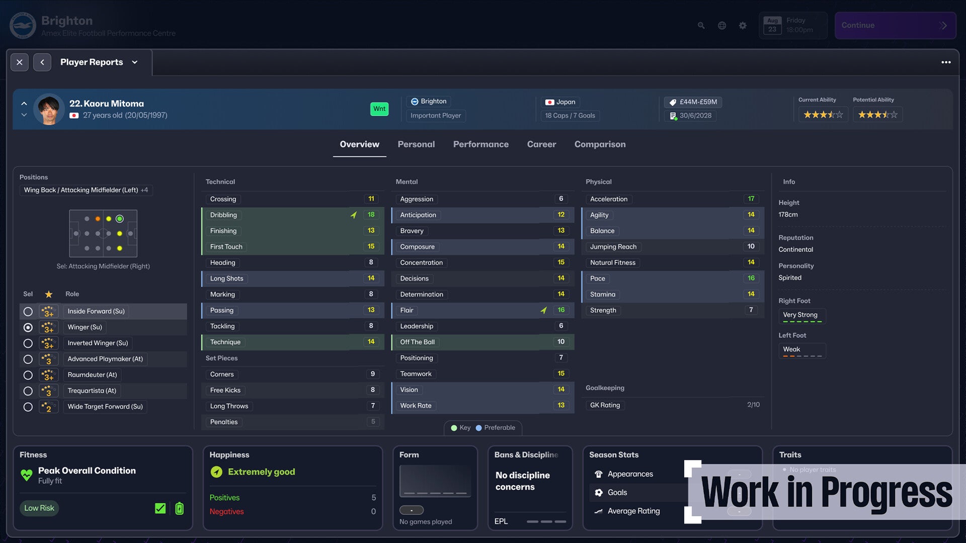 The stats screen for Kaoru Mitoma of Brighton in Football Manager 2025. - 22