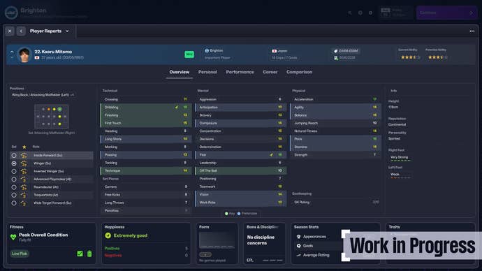 The stats screen for Kaoru Mitoma of Brighton in Football Manager 2025.