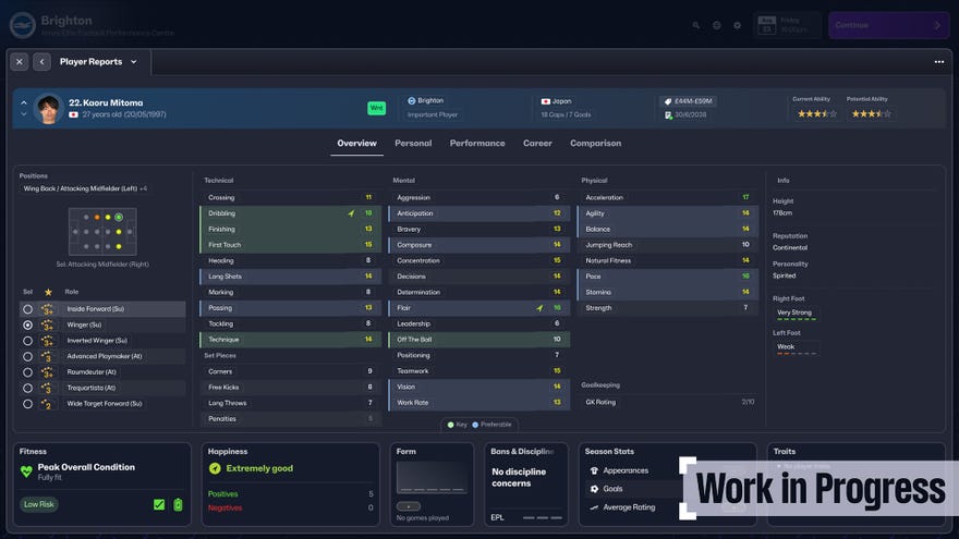 The stats screen for Kaoru Mitoma of Brighton in Football Manager 2025.