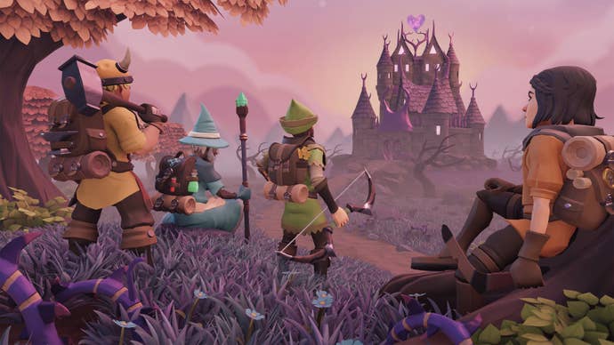 For the King 2 promotional art showing four adventurers surveying a mysterious castle that stands in the distance before them.