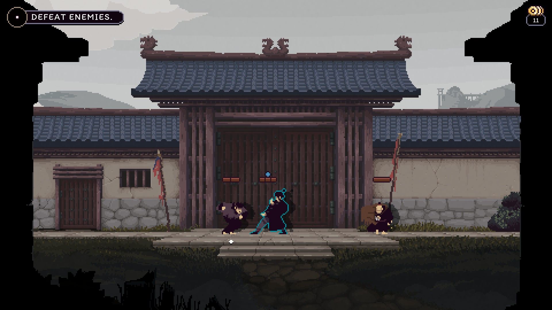 The player fights some thugs outside a closed gate under an overcast sky. - 9