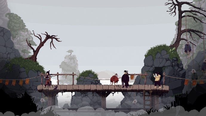 Enemies situation the leader connected a span amid mist-covered rocks.