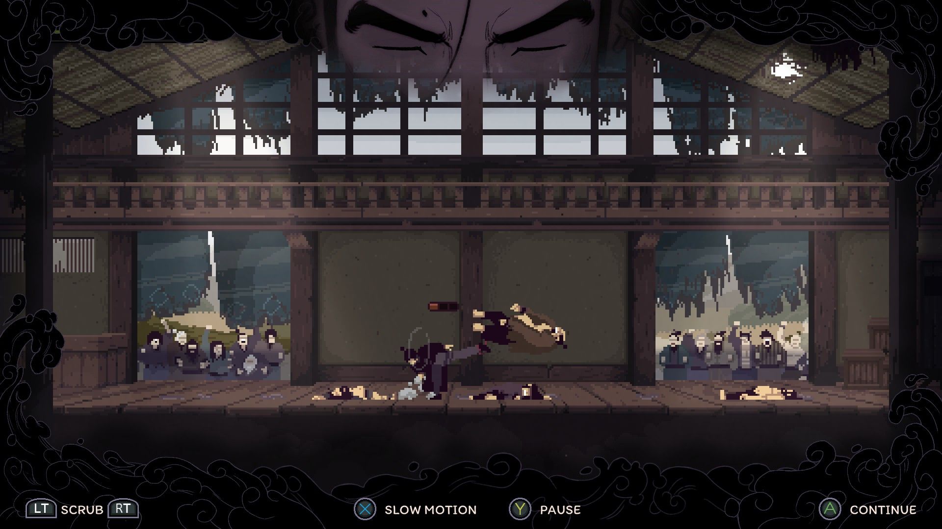 The player delivers a final kick to the last enemy in a monastery. - 1