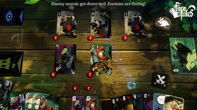 A wooden table with cards on it, each one showing an anthro animal in medieval garb. It’s a card game.