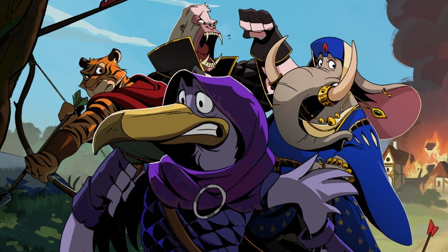 A shoebill, tiger, gorilla and elephant flee from a burning village in artwork for Foretales