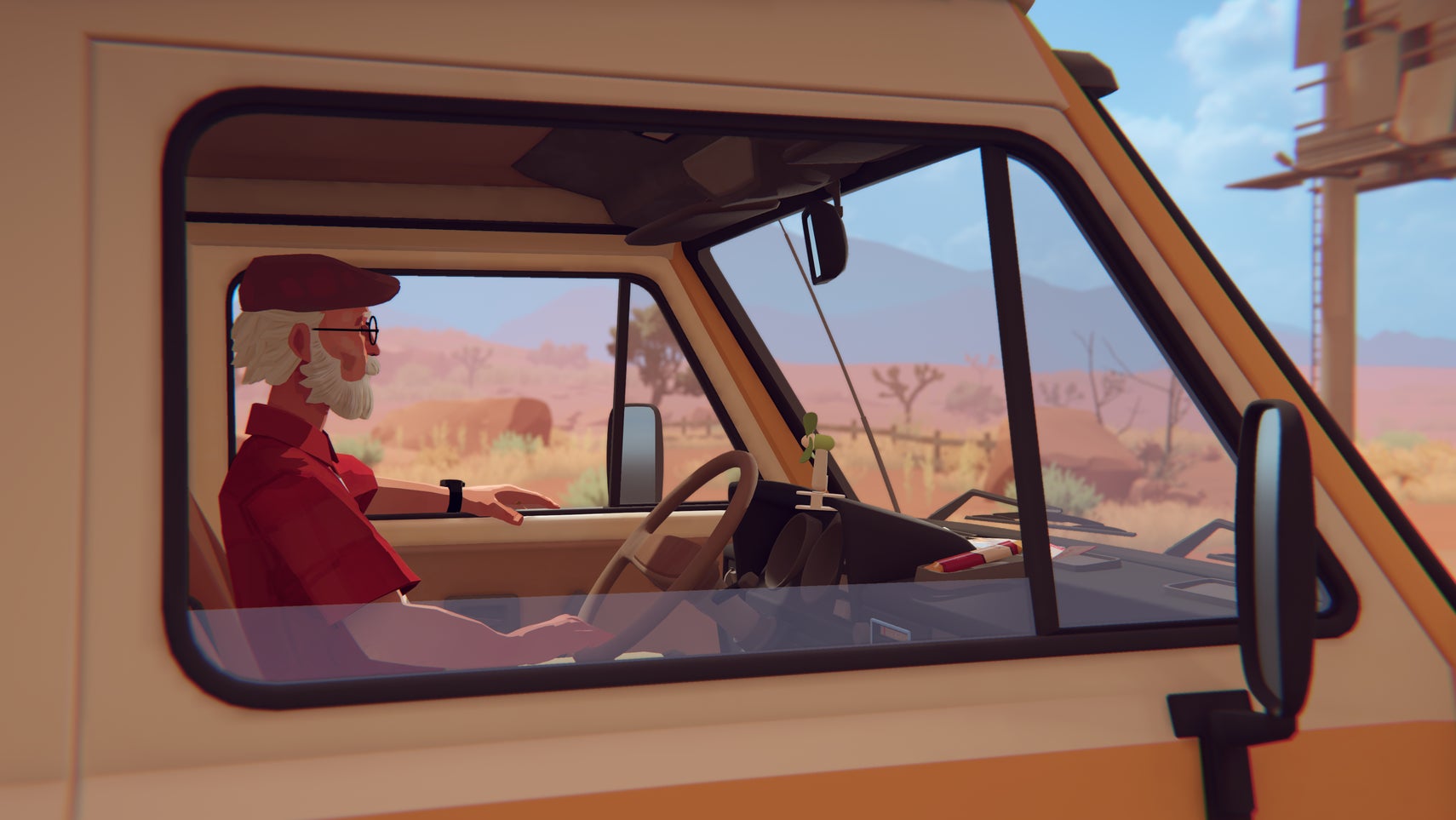 Forever Ago screenshot framing its elderly protagonist Alfred though an open window as he drive his beige and orange RV across the desert.