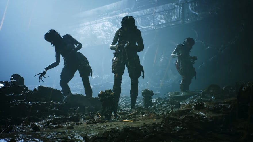 Three giant humanoid mechs harvest corpses from the battlefield.