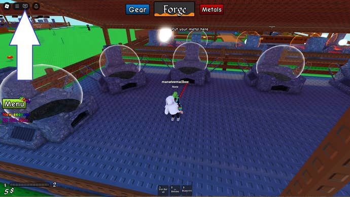 A screenshot of Forge a Weapon in Roblox showing the game's chat box.