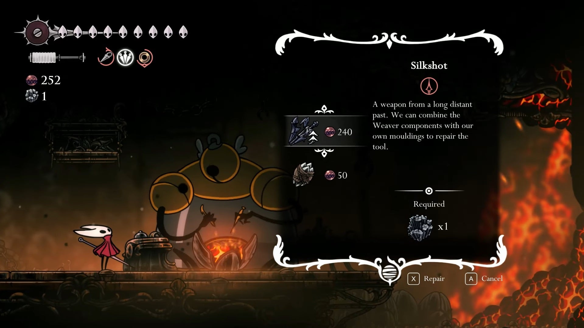 Hornet speaks with the Forge Daughter about repairing the Ruined Tool into the Silkshot in Hollow Knight: Silksong. - 6